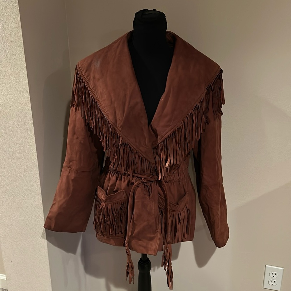 Vtg LNR brown leather Fringe boho festival belted jacket sz M